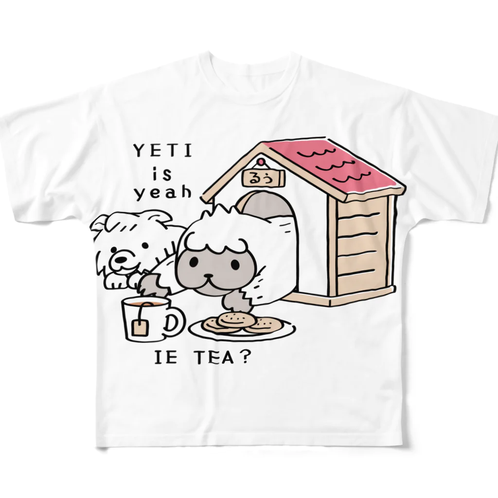 イラスト MONYAAT のCT112 YETI is yeahの家でお茶 フルグラフィックTシャツ