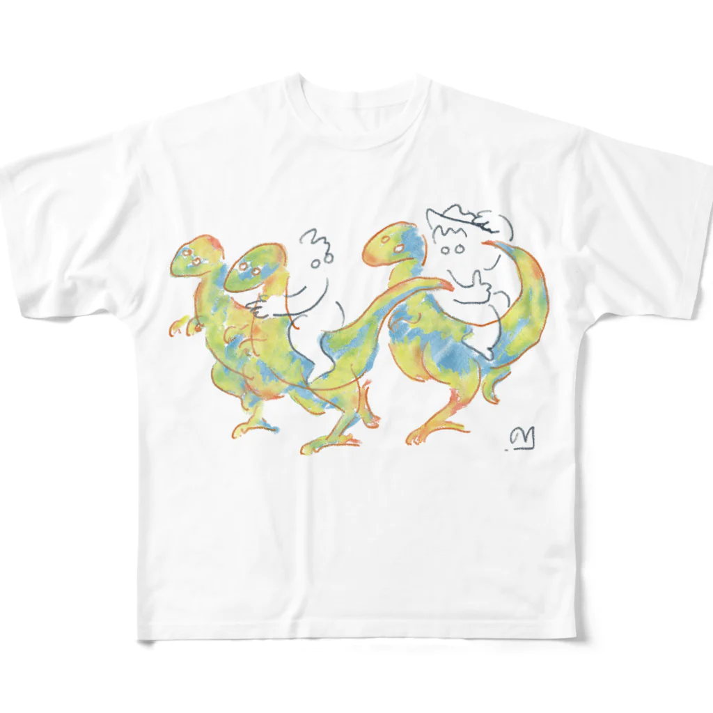 ゆんぐふらうよっほ（yunyun）の【恐竜と人々】第四話 ラプトル フルグラフィックTシャツ