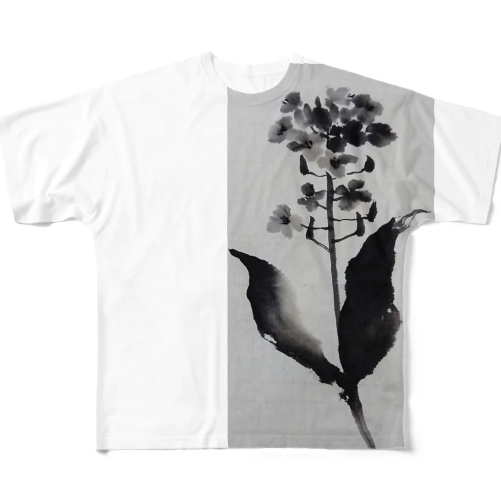 水墨絵師 松木墨善の菜の花と蝶々 All-Over Print T-Shirt