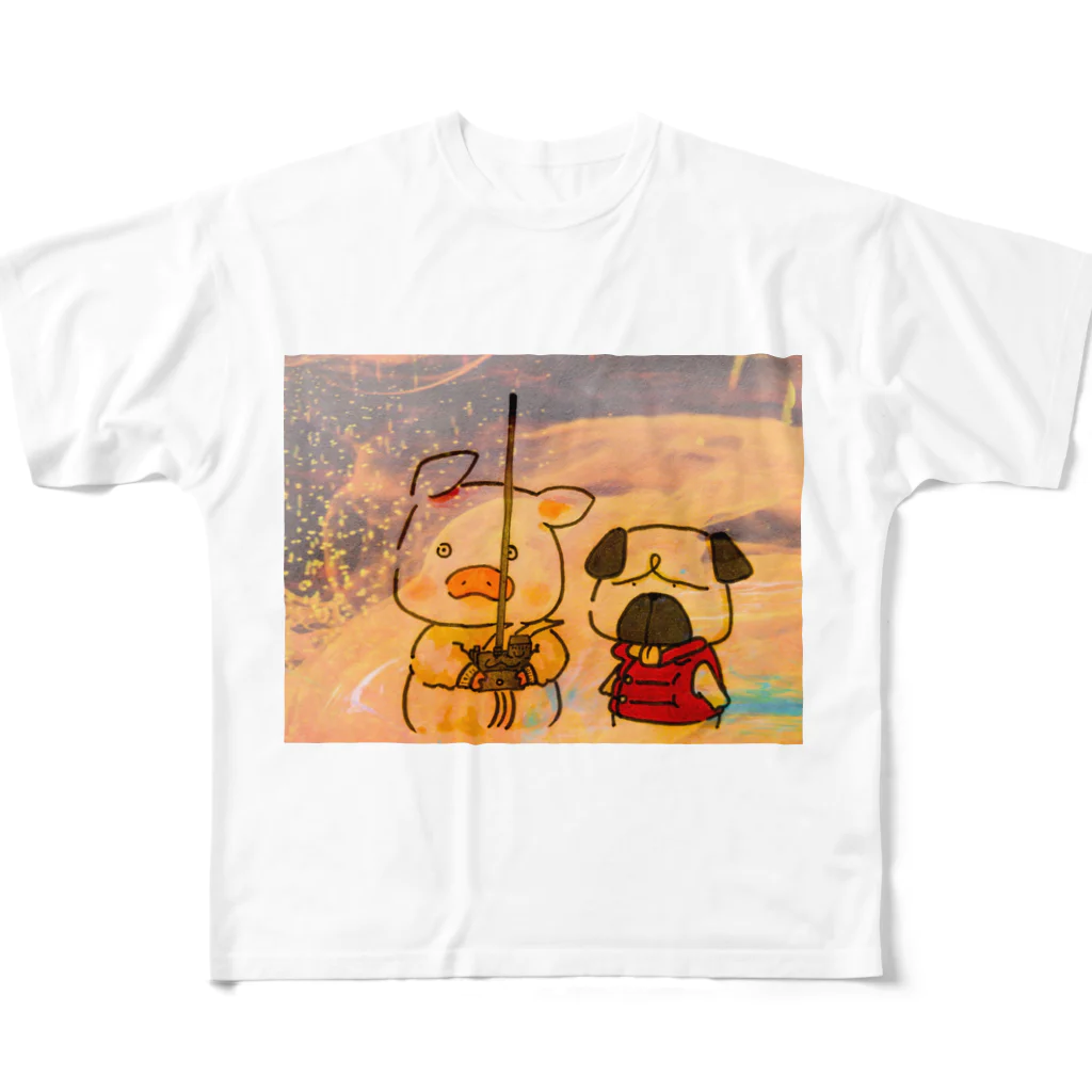 ハマザキ(シンプル＆シュールなイラスト)のブタさんとパグさんTシャツ All-Over Print T-Shirt