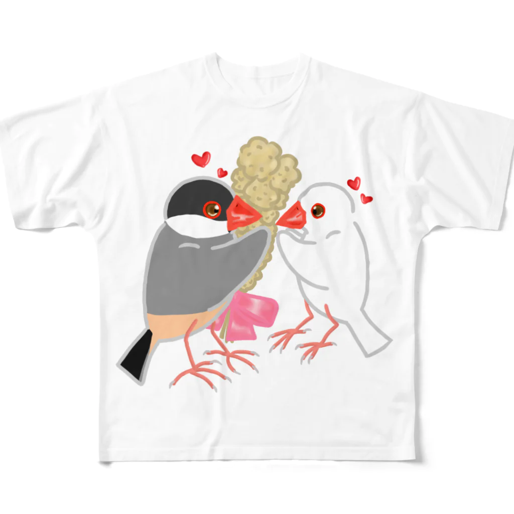 Lily bird（リリーバード）の粟穂をプレゼント 桜&白文鳥 All-Over Print T-Shirt