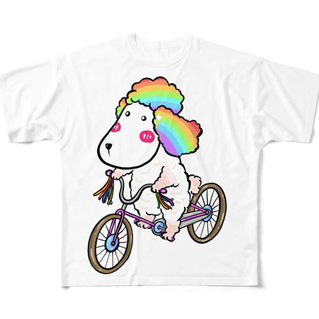 PoodleGag -  面白いプードルの自転車に乗ったレインボープードル犬 フルグラフィックTシャツ