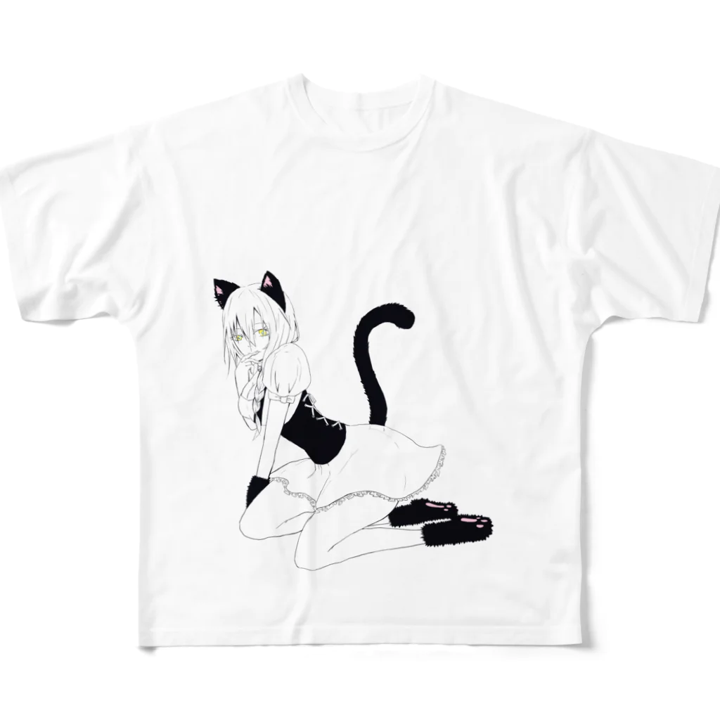 夜店のメイド猫娘　モノクロ フルグラフィックTシャツ
