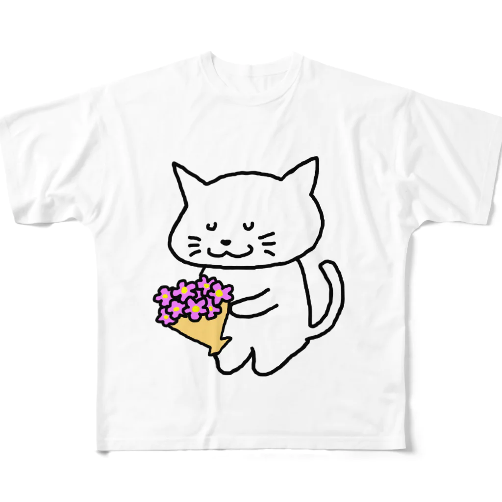 えかきにゃんこのお店♪のしろねこ　花束 フルグラフィックTシャツ