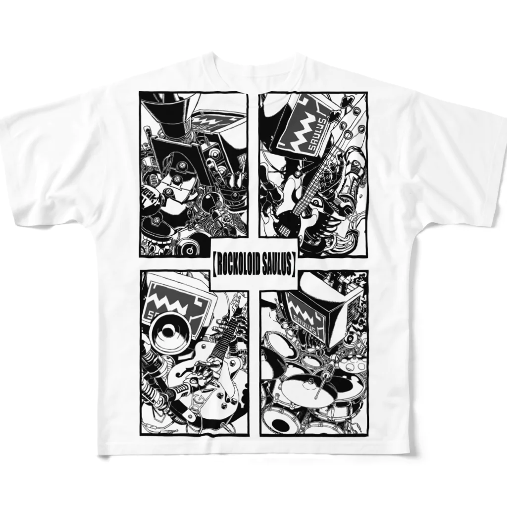 白黒灰脂オリジナルイラストグッズSHOP『熊猫動物園』の【ROCKOLOID SAULUS】4-piece band edition フルグラフィックTシャツ