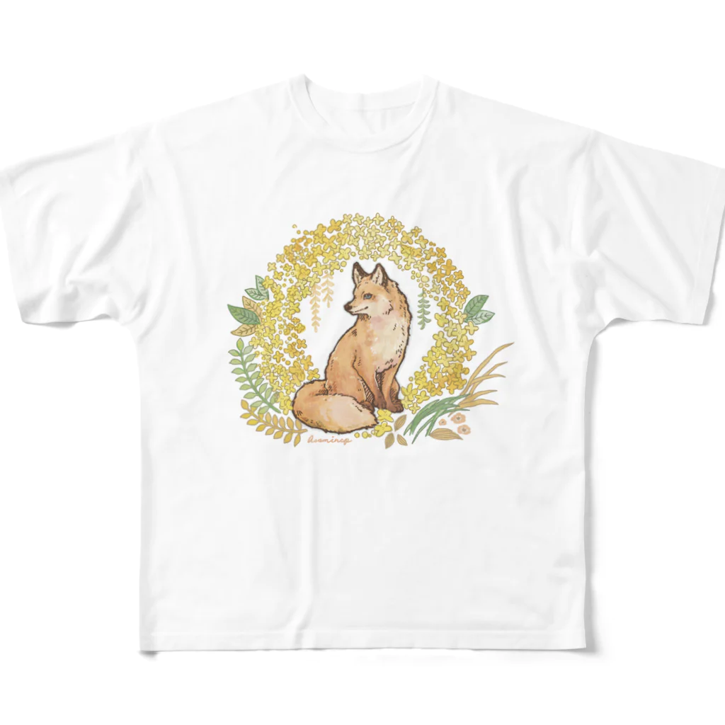 asamin / 愛紗美の金木犀とキツネ フルグラフィックTシャツ