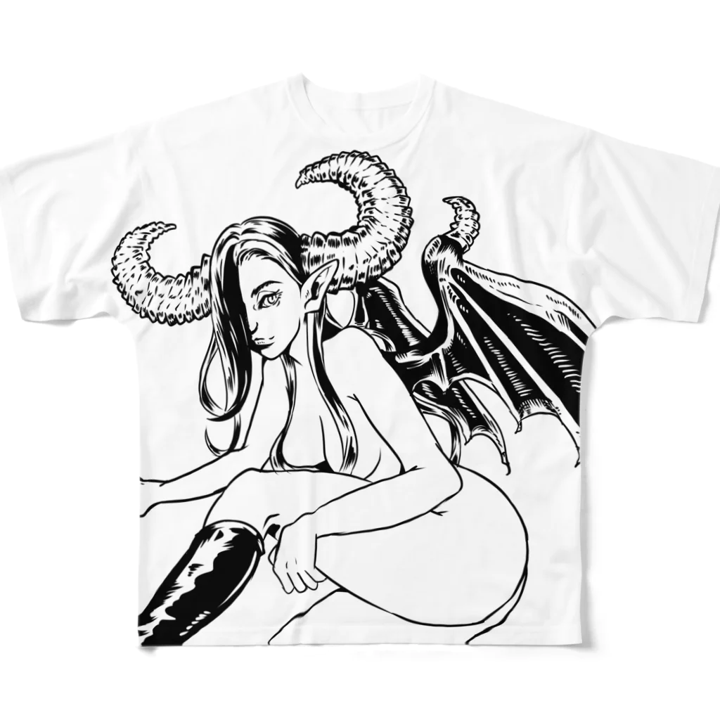 tama.llustrationのロックT ROCK'N PUNK - 悪魔ちゃん  モノクロ フルグラフィックTシャツ