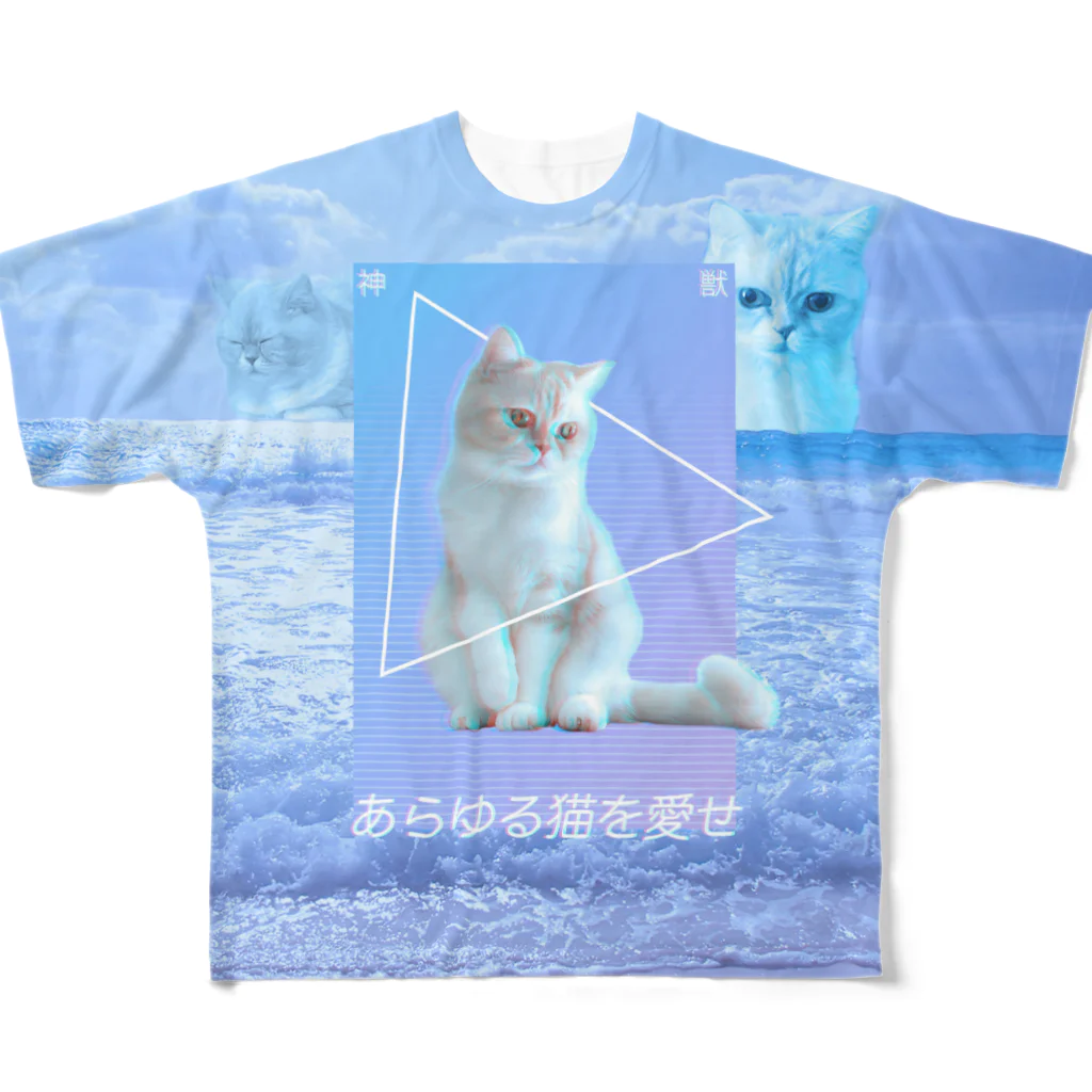 猫ICHIZO公式グッズのあらゆる猫を愛せblue フルグラフィックTシャツ