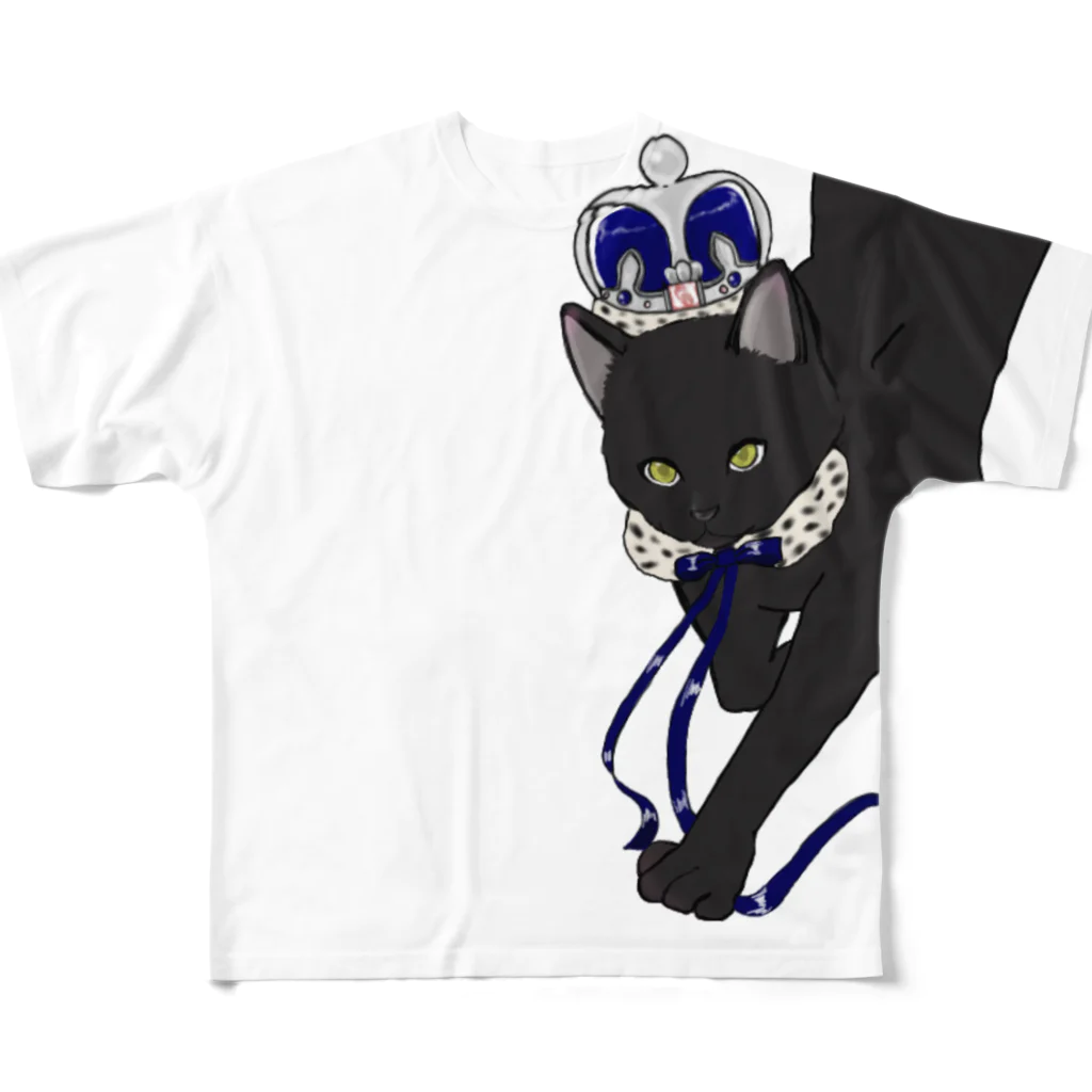y.nyanmo やよにゃんものデカプリント黒猫Tシャツ　白 フルグラフィックTシャツ