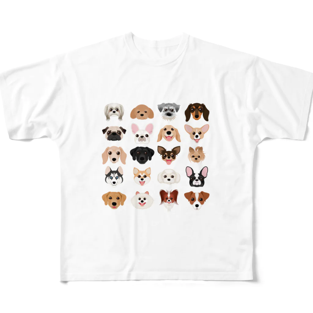 kimchinのいろいろな犬種のかわいい顔 フルグラフィックTシャツ