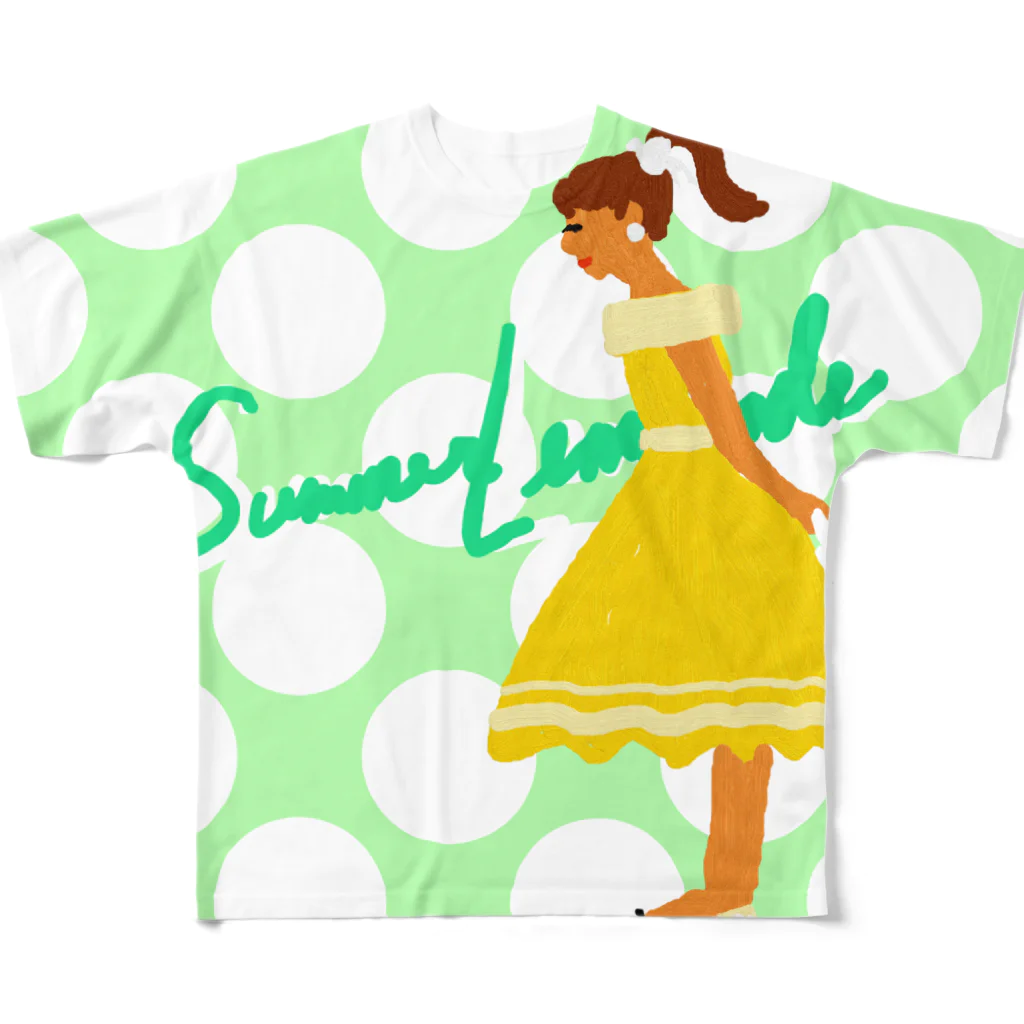レモンスカッシュの泡の黄色いワンピース（ミントグリーン×白ドット） All-Over Print T-Shirt