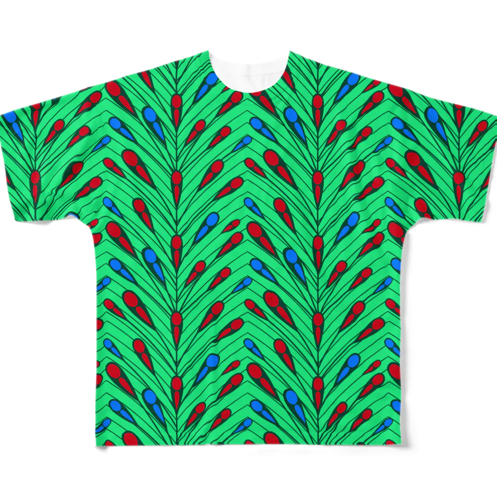 SANKAKU DESIGN STOREのキミの奥まで飛んで行け！ GREEN All-Over Print T-Shirt