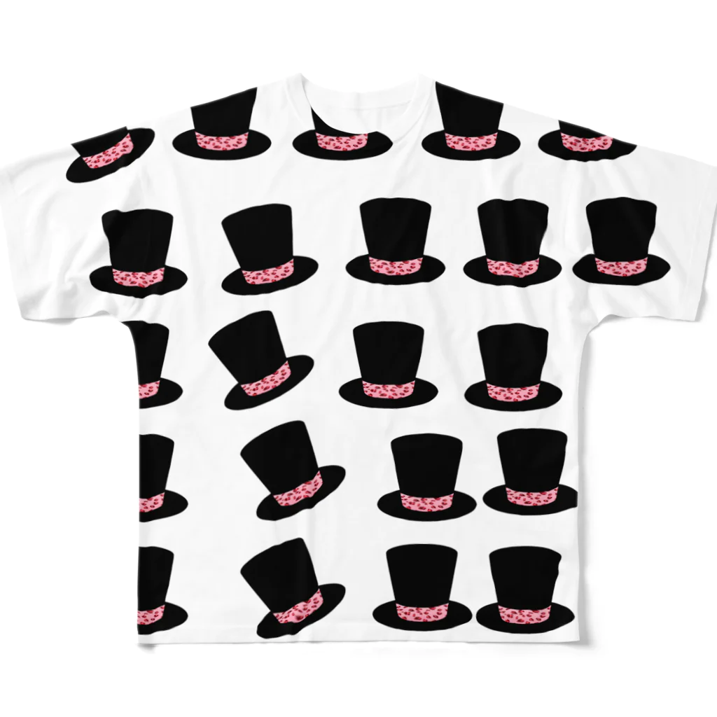 LalaDesign-shopのお洒落で可愛いピンクレオパード柄シルクハットグッズ フルグラフィックTシャツ
