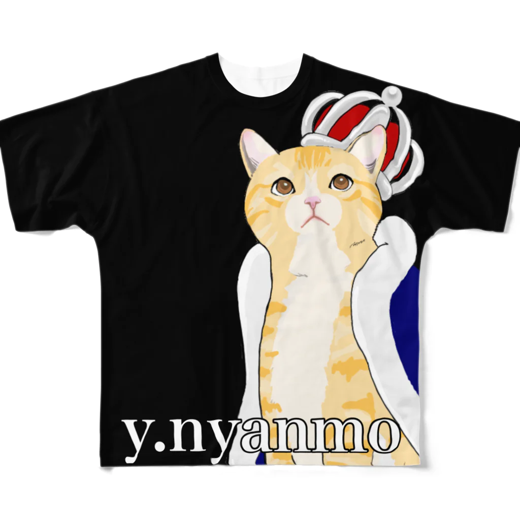 y.nyanmo やよにゃんもの王冠猫　ビッグTシャツ　黒猫 フルグラフィックTシャツ