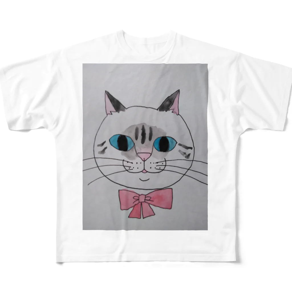 ねこの森でお散歩のリボンをつけたシャムミックス フルグラフィックTシャツ