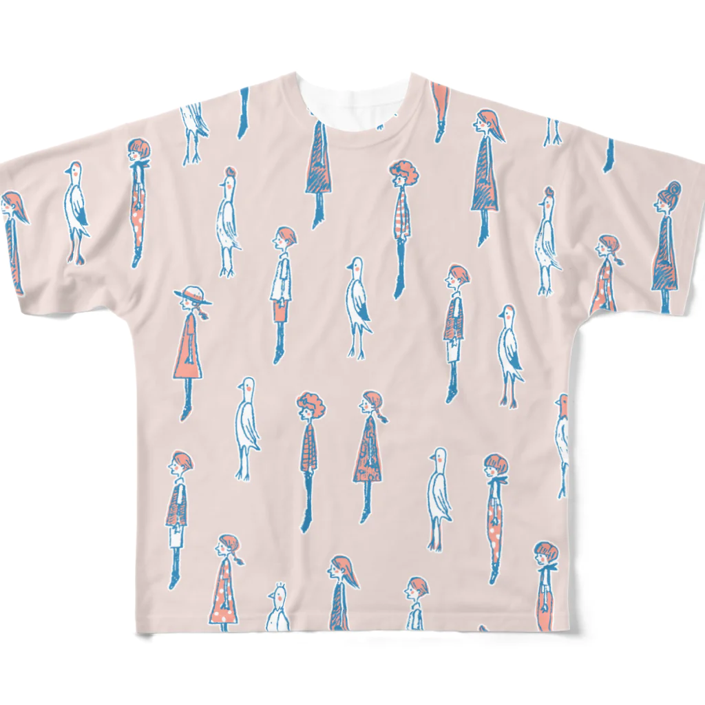 てら ねこデザイングッズのI WISH I WERE A BIRD.ピンク All-Over Print T-Shirt