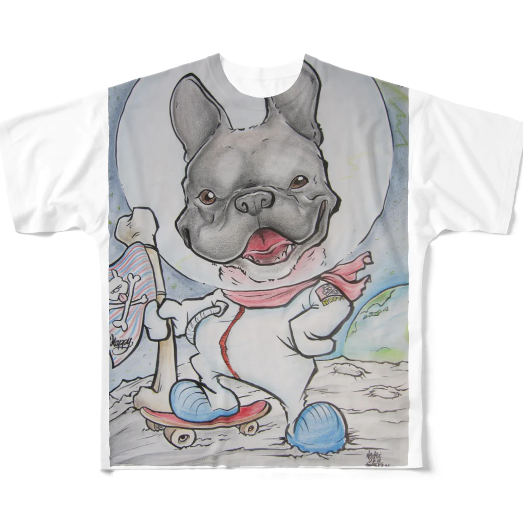 ｱﾄﾐｯｸﾓﾃﾞﾙ ﾄﾞｯｸﾞｽｸｰﾙのスケボー犬 Lands 1st Skateboarding Dog On The MOON All-Over Print T-Shirt