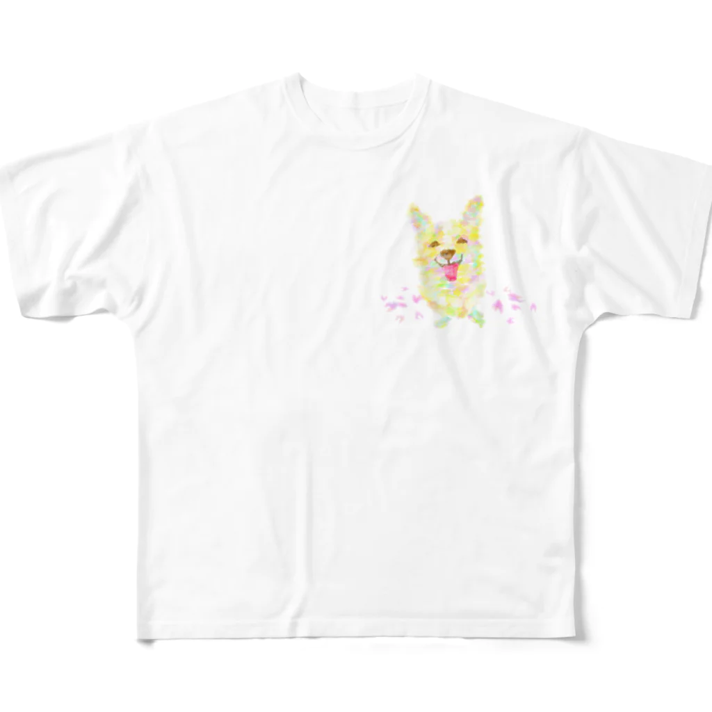 Wassam ねことコーギーいますのコーギーりんのすけ　うれしい花びら フルグラフィックTシャツ