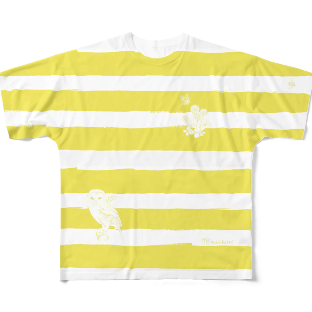 マキバドリのメンフクロウとボーダー イエロー All-Over Print T-Shirt