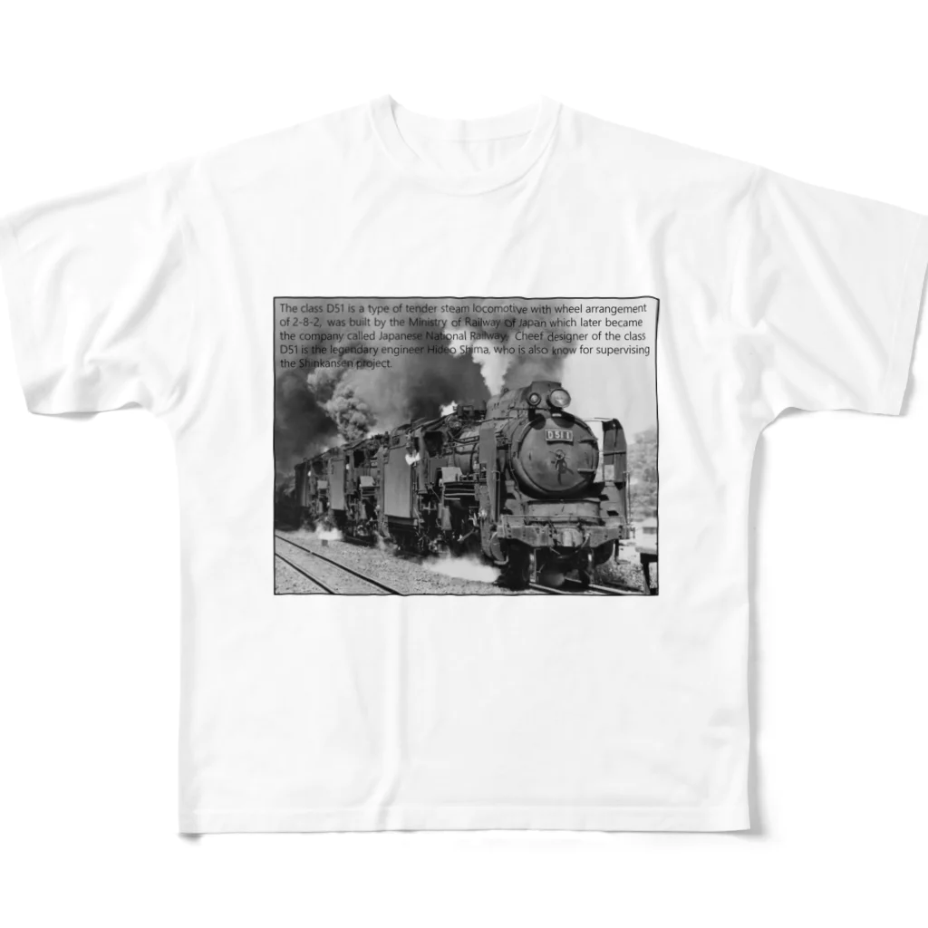 ヴィンテージ鉄道写真グッズの店のD51形蒸気機関車１号機を先頭とする三重連 （モノクロフォト） フルグラフィックTシャツ