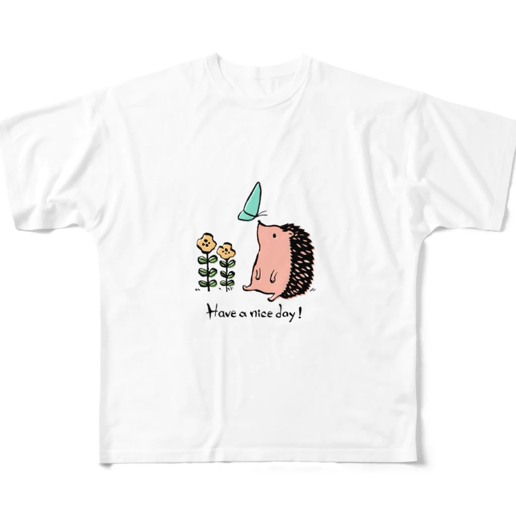 fukunofukuのハリネズミの「良い1日を！」 フルグラフィックTシャツ