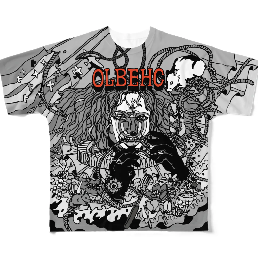 CHEBLOのOLBEHC【赤文字】 フルグラフィックTシャツ