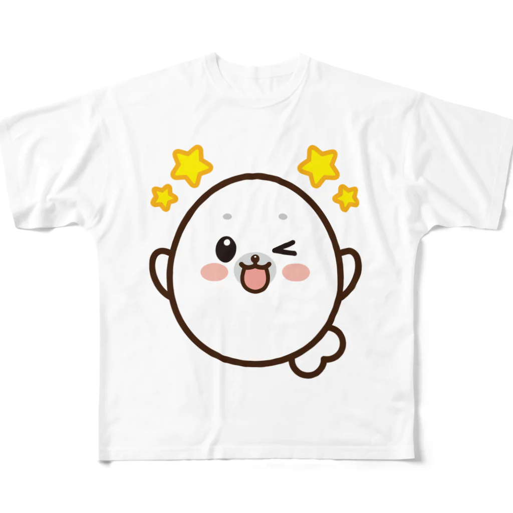 demi-runrunのまるかわアザラシもちまるくん フルグラフィックTシャツ