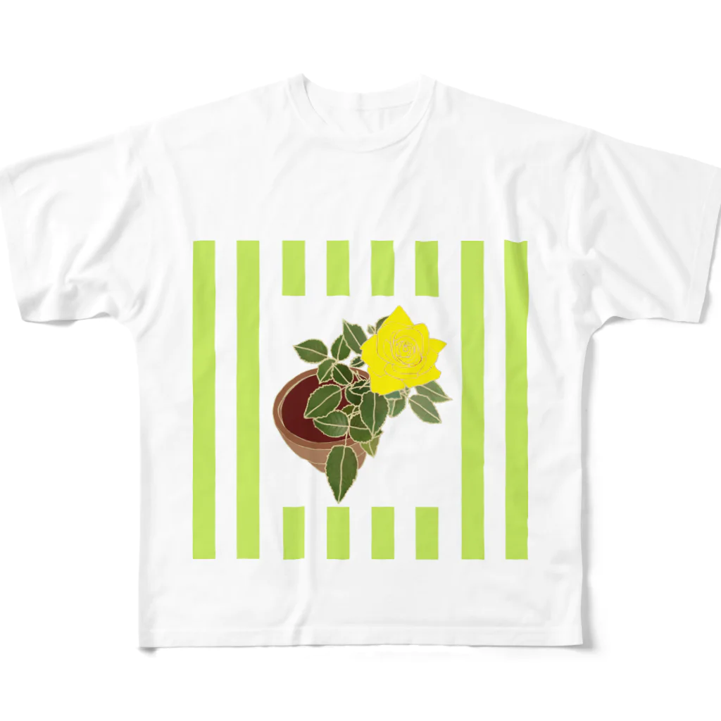 ホームタウンスター　Hometown Star のミニバラ（黄）ストライプ柄　Miniature Yellow Rose in green stripes All-Over Print T-Shirt