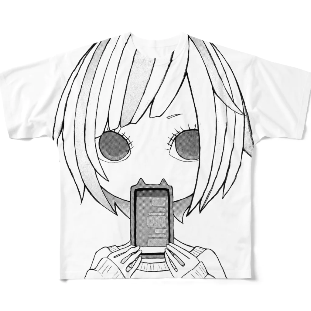 絵の具と女の子の饒舌ちゃんモノクロ フルグラフィックTシャツ