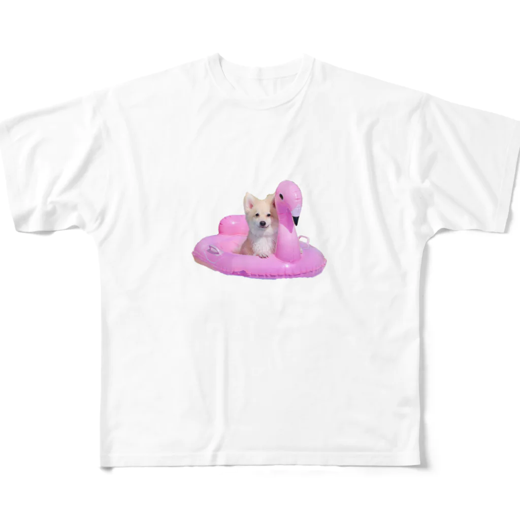 comocomoのポメラニアンとチワワのMIX犬　フラミンゴ フルグラフィックTシャツ