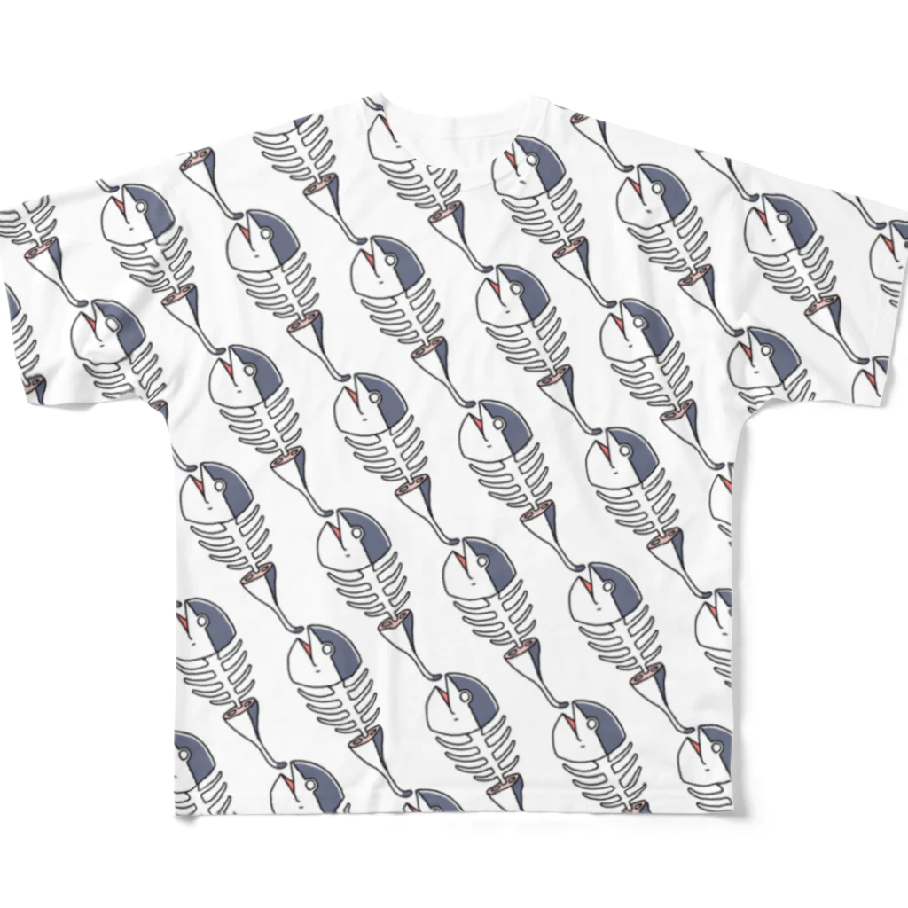 マグロ漁船のつなにゃん(骨ver.)大集合 All-Over Print T-Shirt