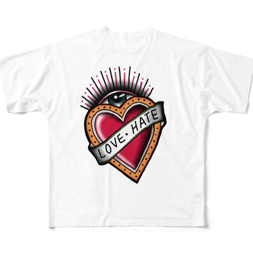 ACA oldschool tatsのLove Hate フルグラフィックTシャツ