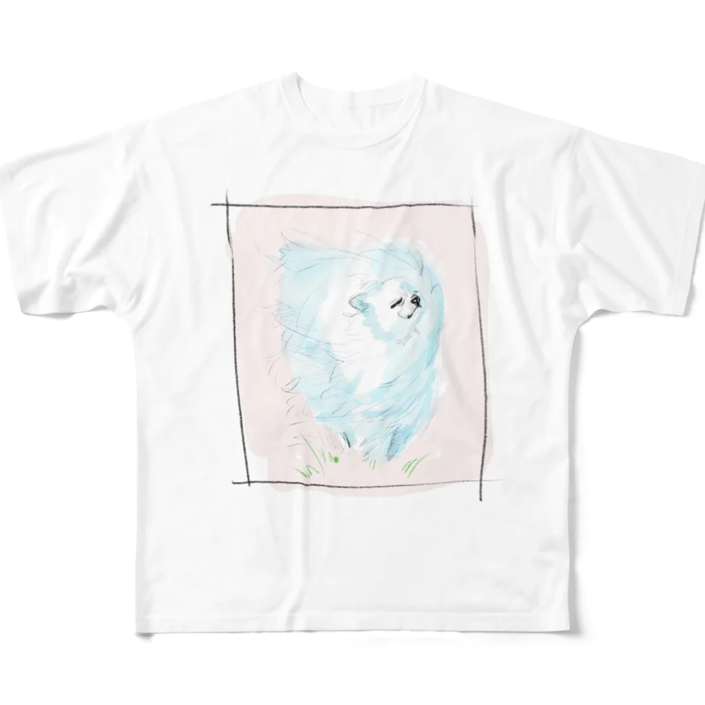 ちゃんむらたんの風に吹かれる青いポメラニアン All-Over Print T-Shirt