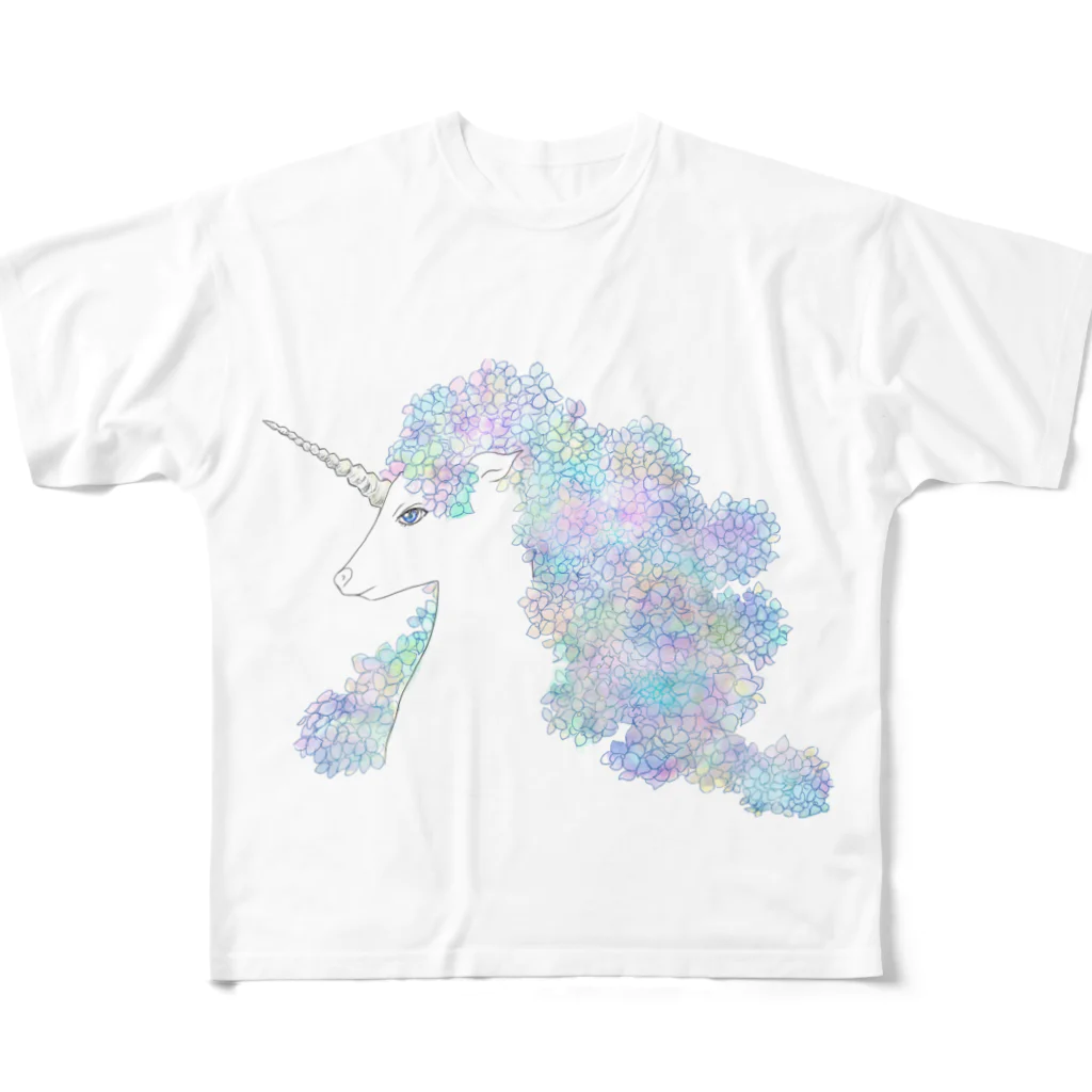 水色気分の紫陽花ユニコーン フルグラフィックTシャツ