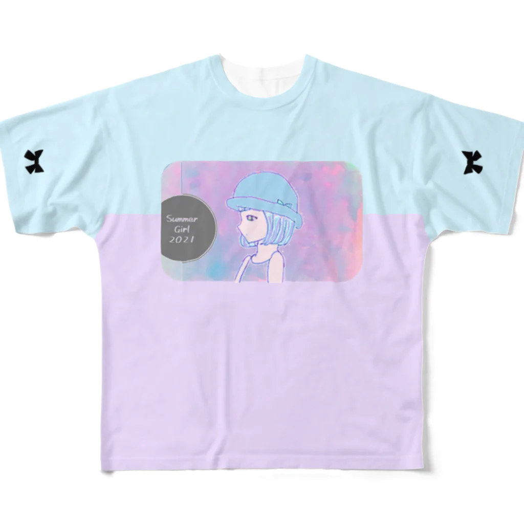 ネコとソラのサマーガールグラデーション All-Over Print T-Shirt