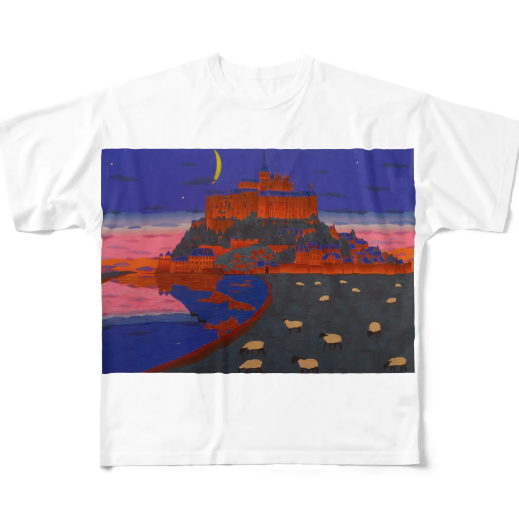 Junie貼り絵グッズのモンサンミッシェル フルグラフィックTシャツ