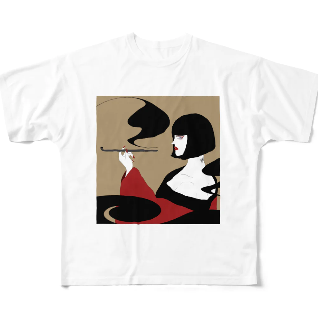 黒髪乙女のキセルと遊女 フルグラフィックTシャツ