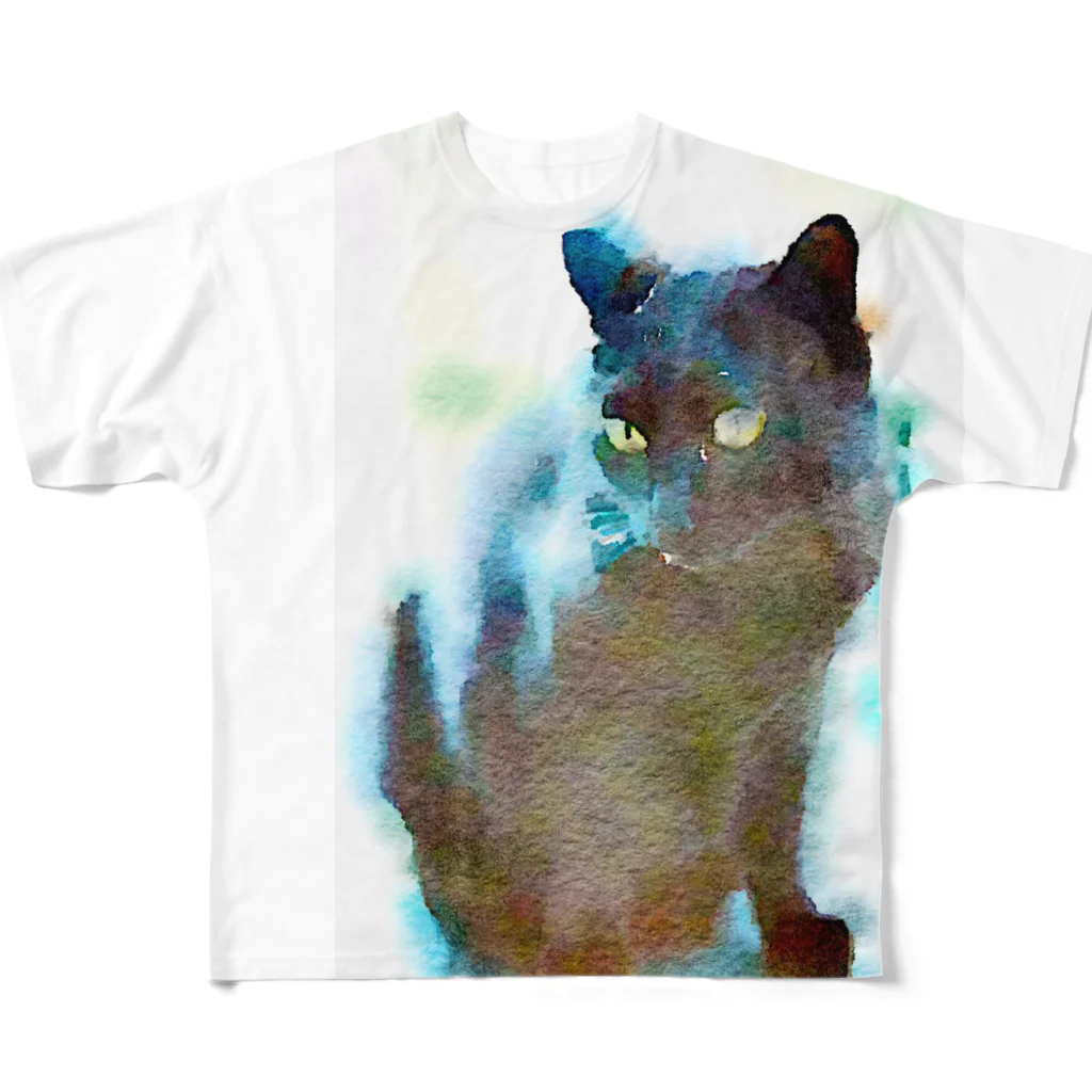 黒白黒猫屋の黒白黒猫水彩 フルグラフィックTシャツ