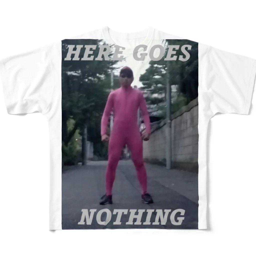 オレンジ色のHere goes nothing. フルグラフィックTシャツ