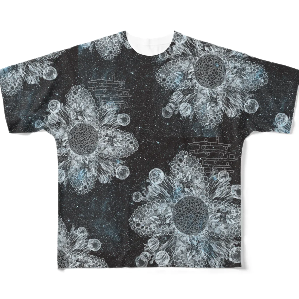 うずまきモンスターの夜の細胞の宇宙の花 フルグラフィックTシャツ