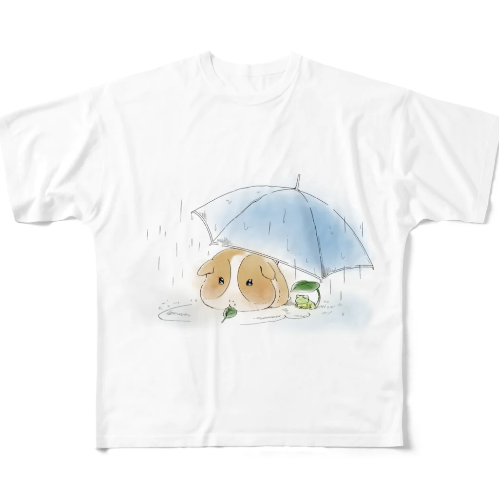 ハレ / 傘と小鳥　[小動物グッズのお店]のモルモットと傘（白） All-Over Print T-Shirt