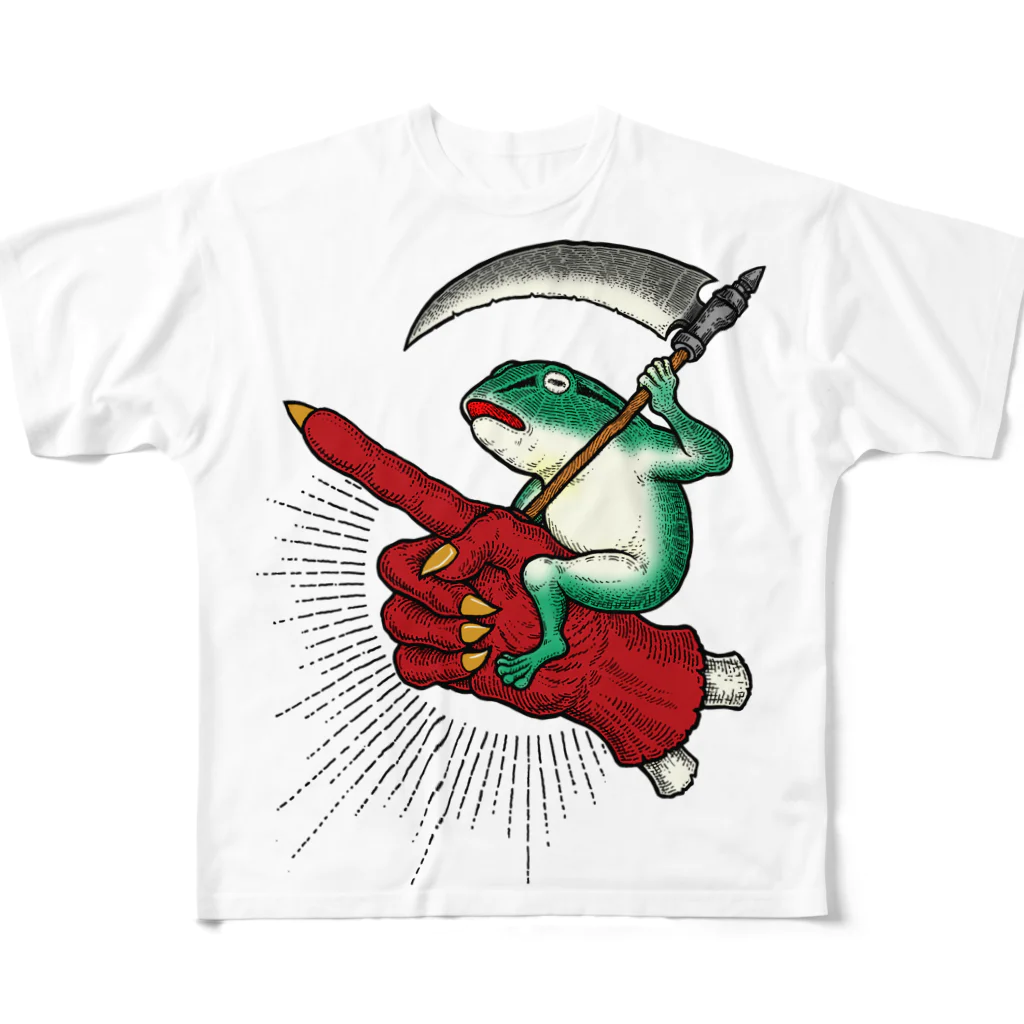 DM7WORKSのお試し支店のBRUTAL FROG ARMY 蛙ライダー All-Over Print T-Shirt