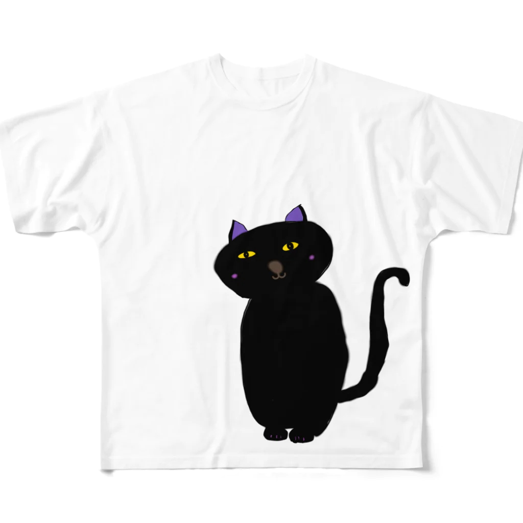 ムスメー美術館の黒猫のくろたん フルグラフィックTシャツ