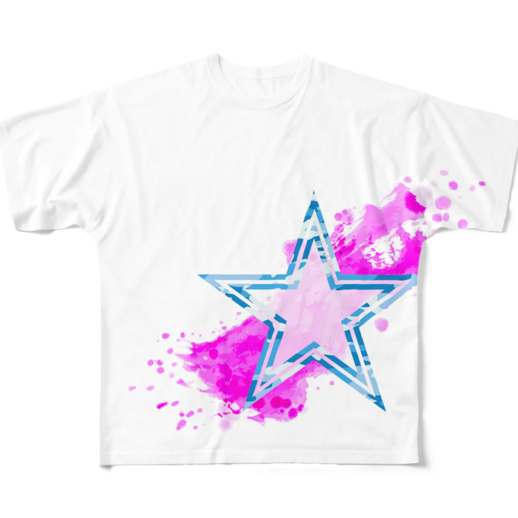 STAR CAIDOZのブルーカモフラージュ⭐︎STAR×ピンク フルグラフィックTシャツ