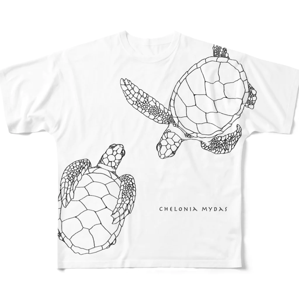 シマノカタチのおやすみウミガメ〈ブラック〉 All-Over Print T-Shirt