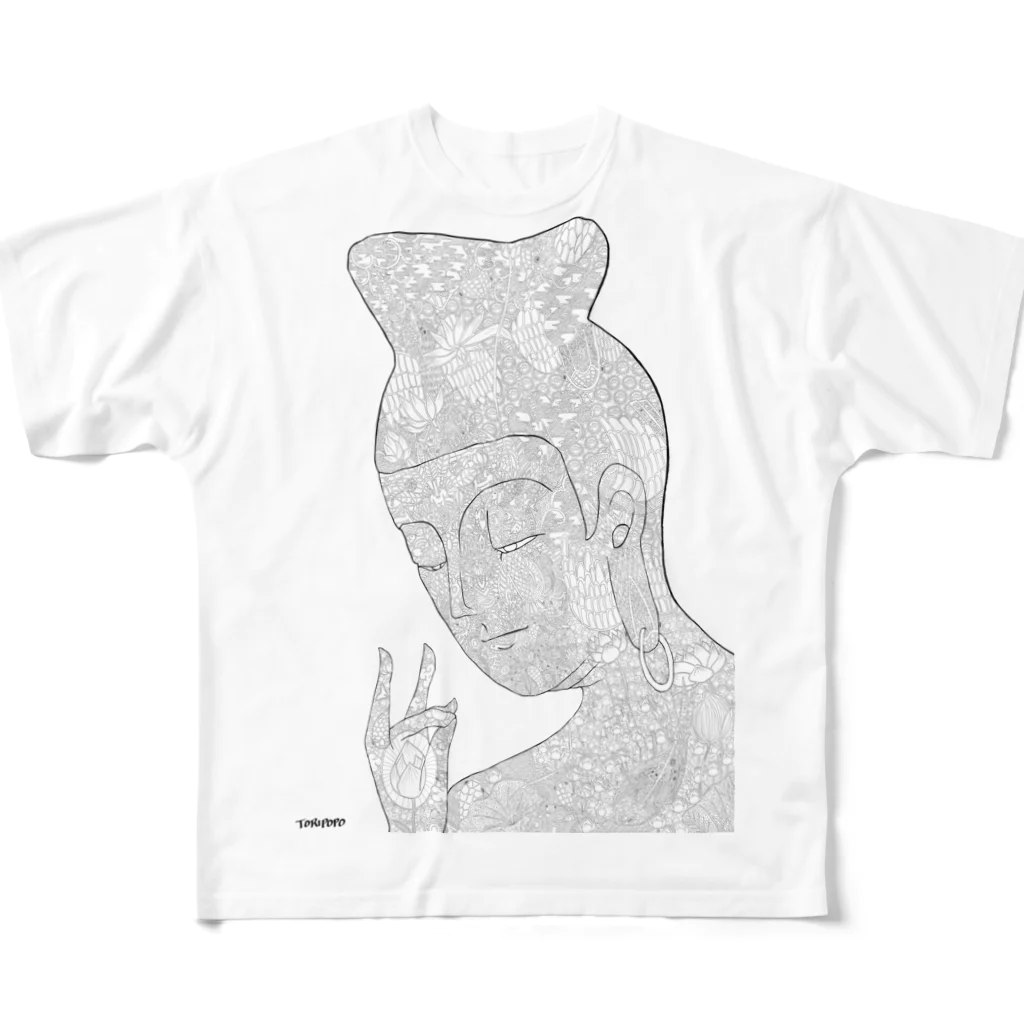 フジリンゴ族のお店の弥勒菩薩の線画 All-Over Print T-Shirt