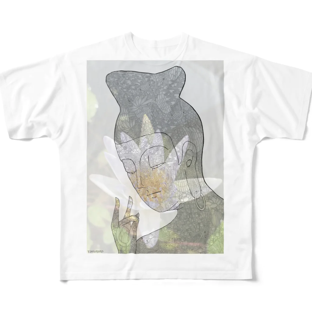 フジリンゴ族のお店の弥勒菩薩と蓮の花 All-Over Print T-Shirt