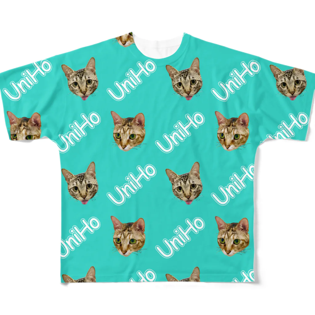 UniHo(うにほ)／愛猫 ネコグッズのUniHo 猫ズ総柄 パステルグリーン フルグラフィックTシャツ