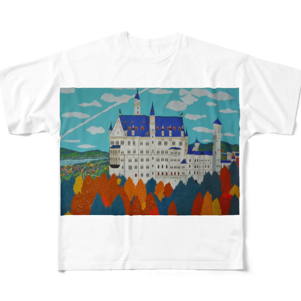 Junie貼り絵グッズの紅葉のノイシュバンシュタイン城 フルグラフィックTシャツ