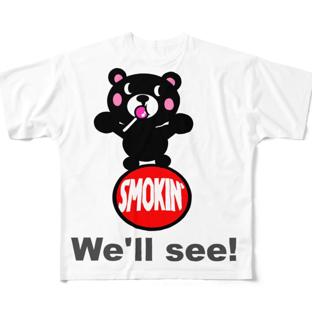 オリジナルデザインTシャツ　SMOKIN'の玉のりモクモックマ  飴ちゃんフェイス　黒 フルグラフィックTシャツ